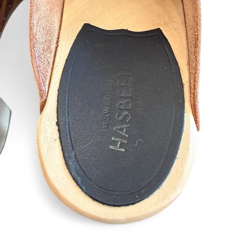 Swedish Hasbeens Classic Slip On High Heel Clogs Brown Leather EU 39 - Picture 5 of 8
